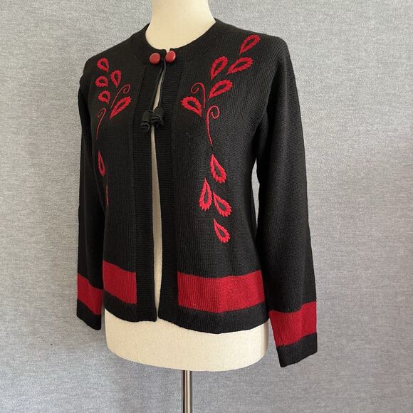Bolivia Alpaca Wool Boho Open Cardigan Sweater Size S Black Red Artsy Embroidery - Picture 5 of 15
